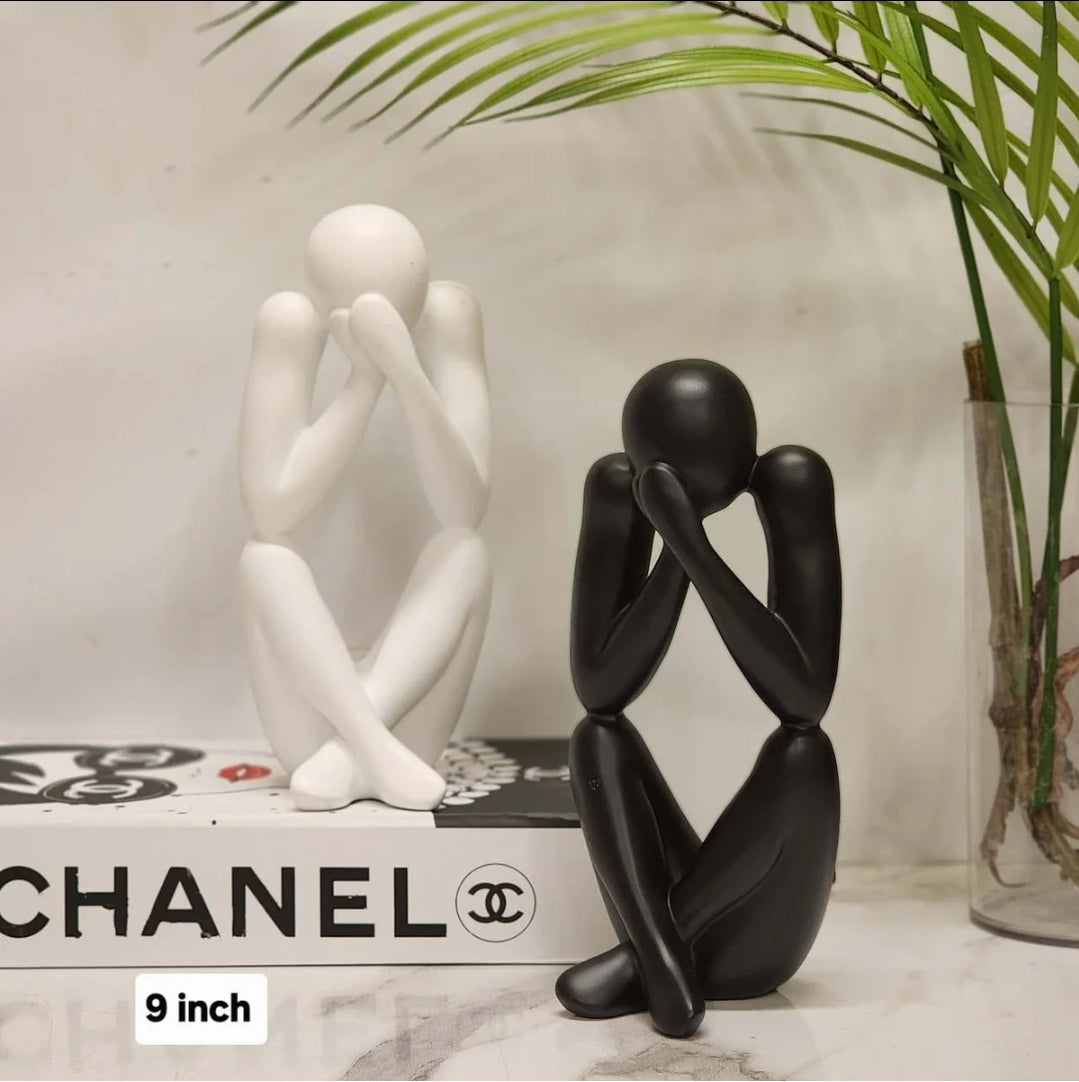 Abstract Thinker Figurine in matte black and white, 9 inch
