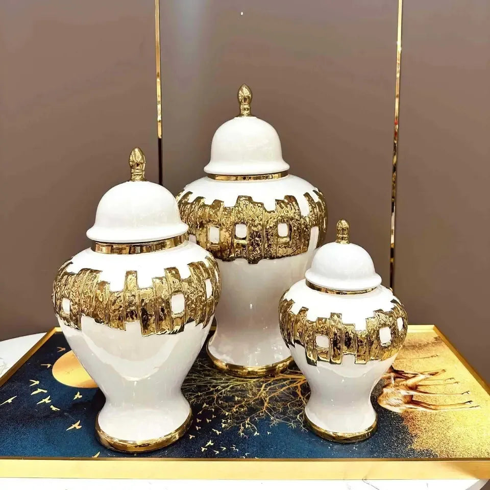 White and gold ceramic ginger jar urns set of 3 – luxury home decor