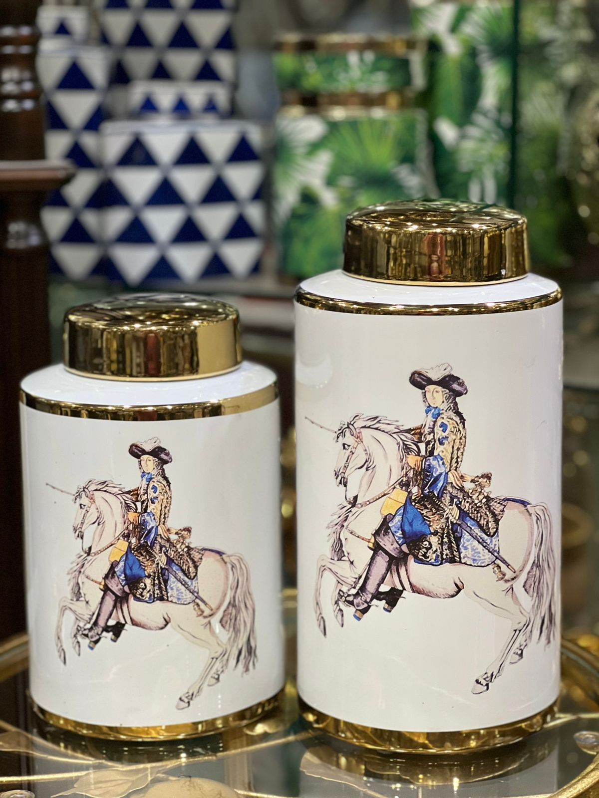 Equestrian ceramic ginger jar set with gold lid and horse motif