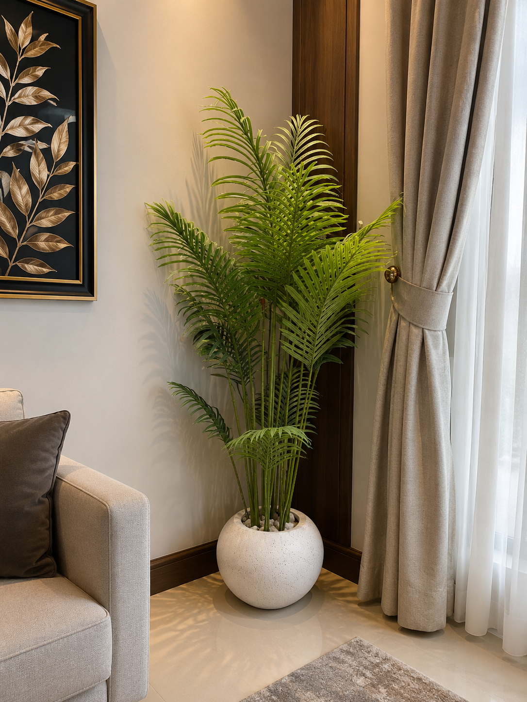 Areca Palm 72 inch artificial plant in white fiber pot placed in a luxury living room corner