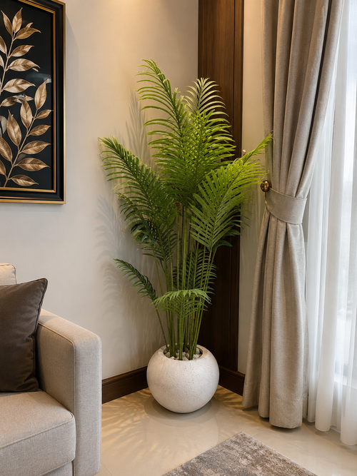 Areca Palm 72 inch artificial plant in white fiber pot placed in a luxury living room corner
