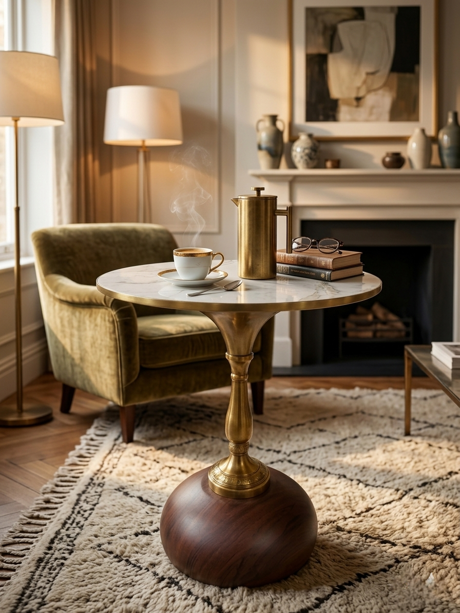 Round marble top coffee table with gold pedestal base in a luxury living room