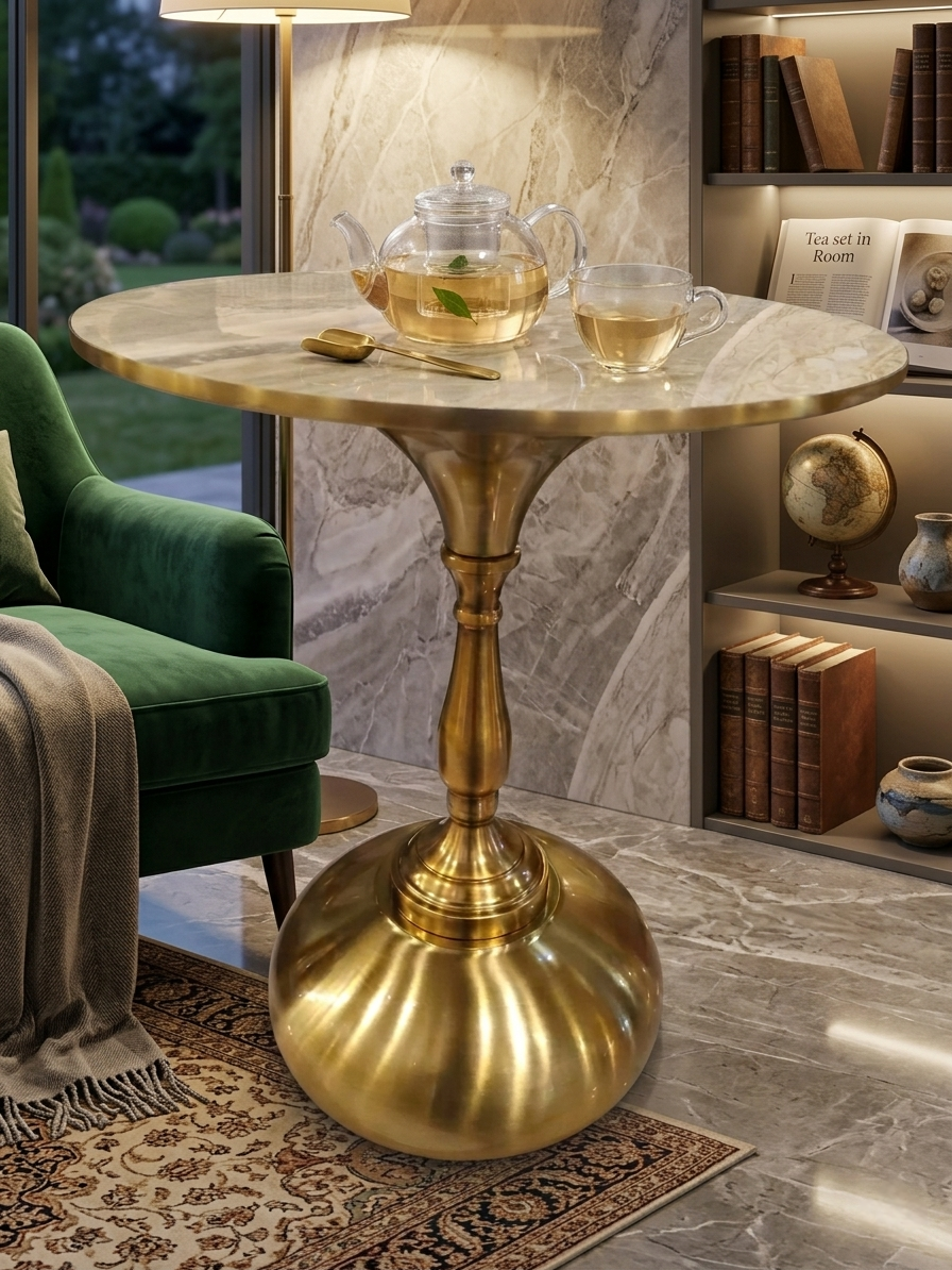 Marble and gold coffee table with white marble base in an elegant dark interior