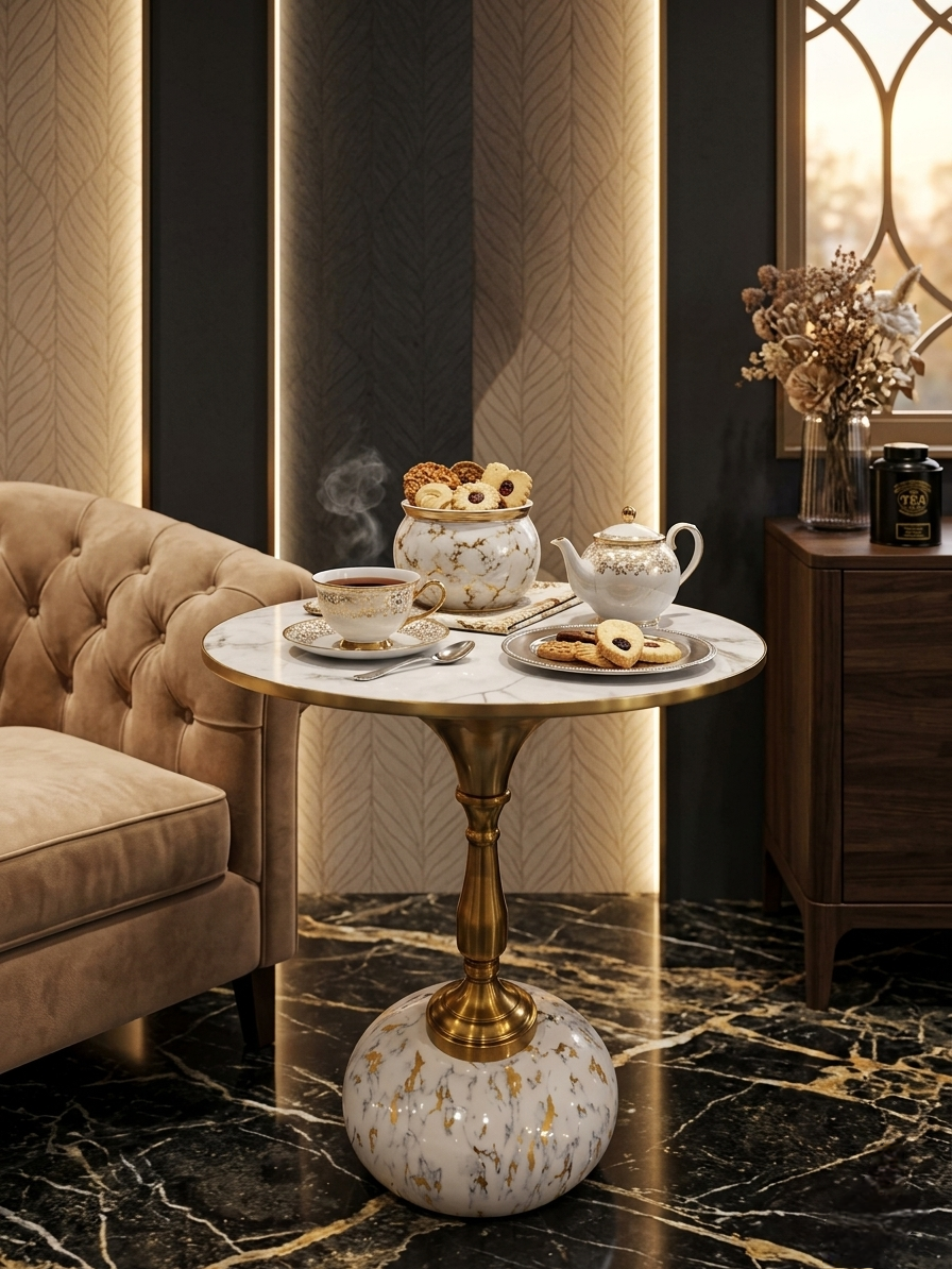 Round marble top coffee table with gold stem and brown ball base in a cozy living room