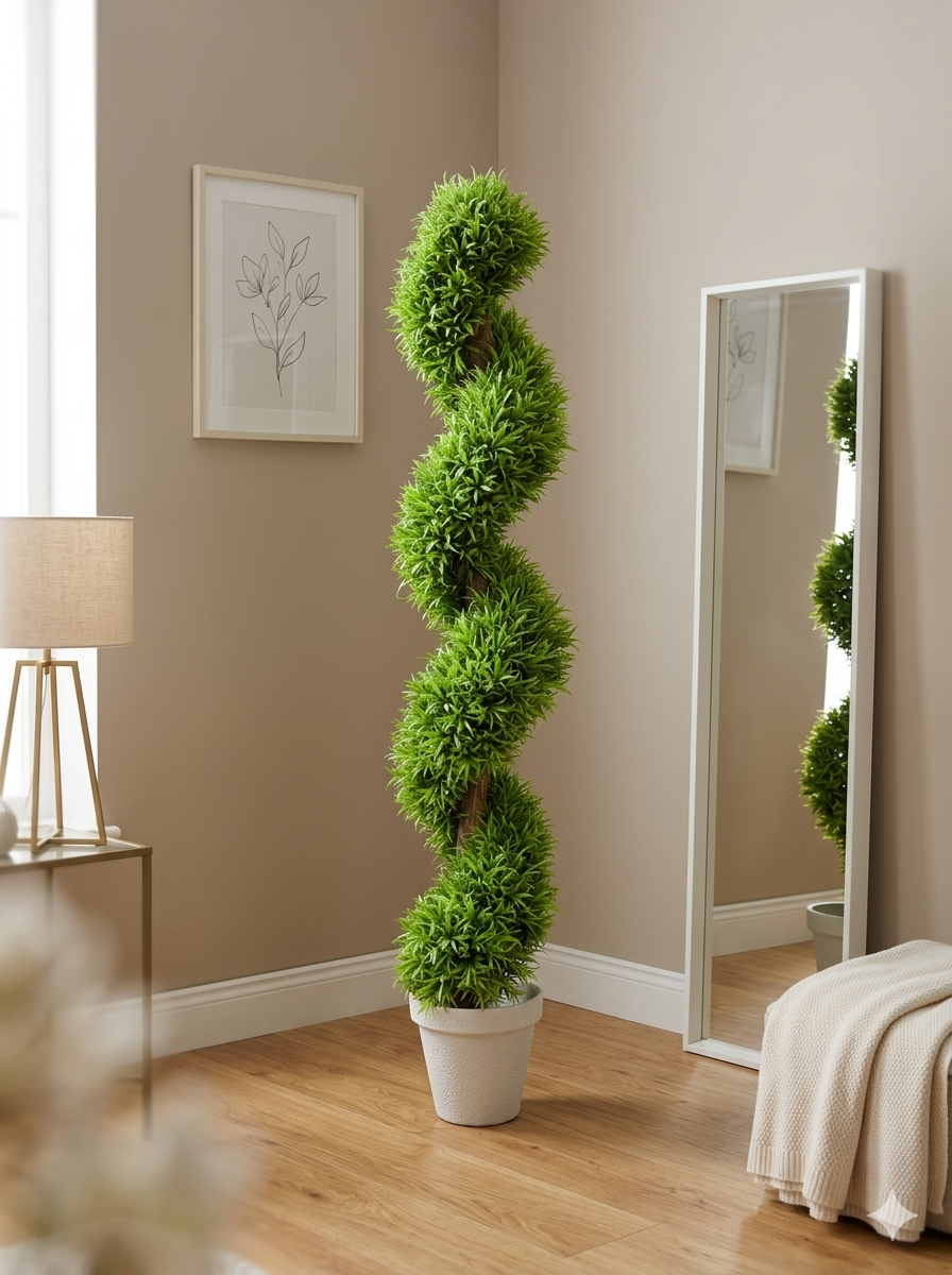 Artificial Spiral Topiary Plant 60 Inch in a modern living room setting