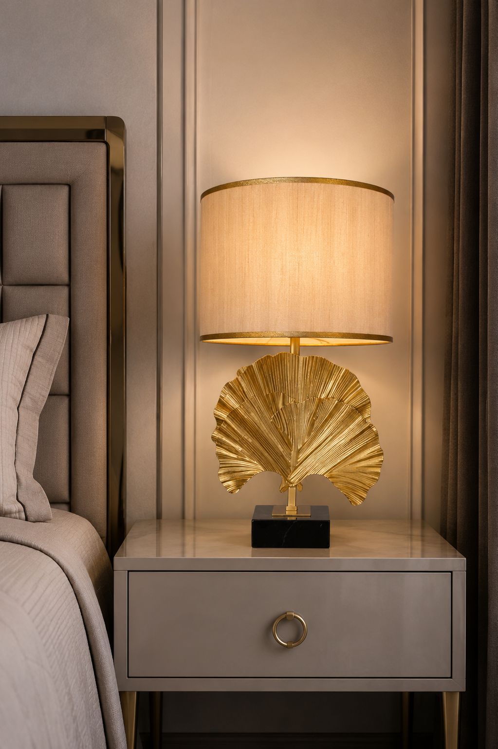 Brass Marble Ginkgo Leaf Table Lamp on bedside table