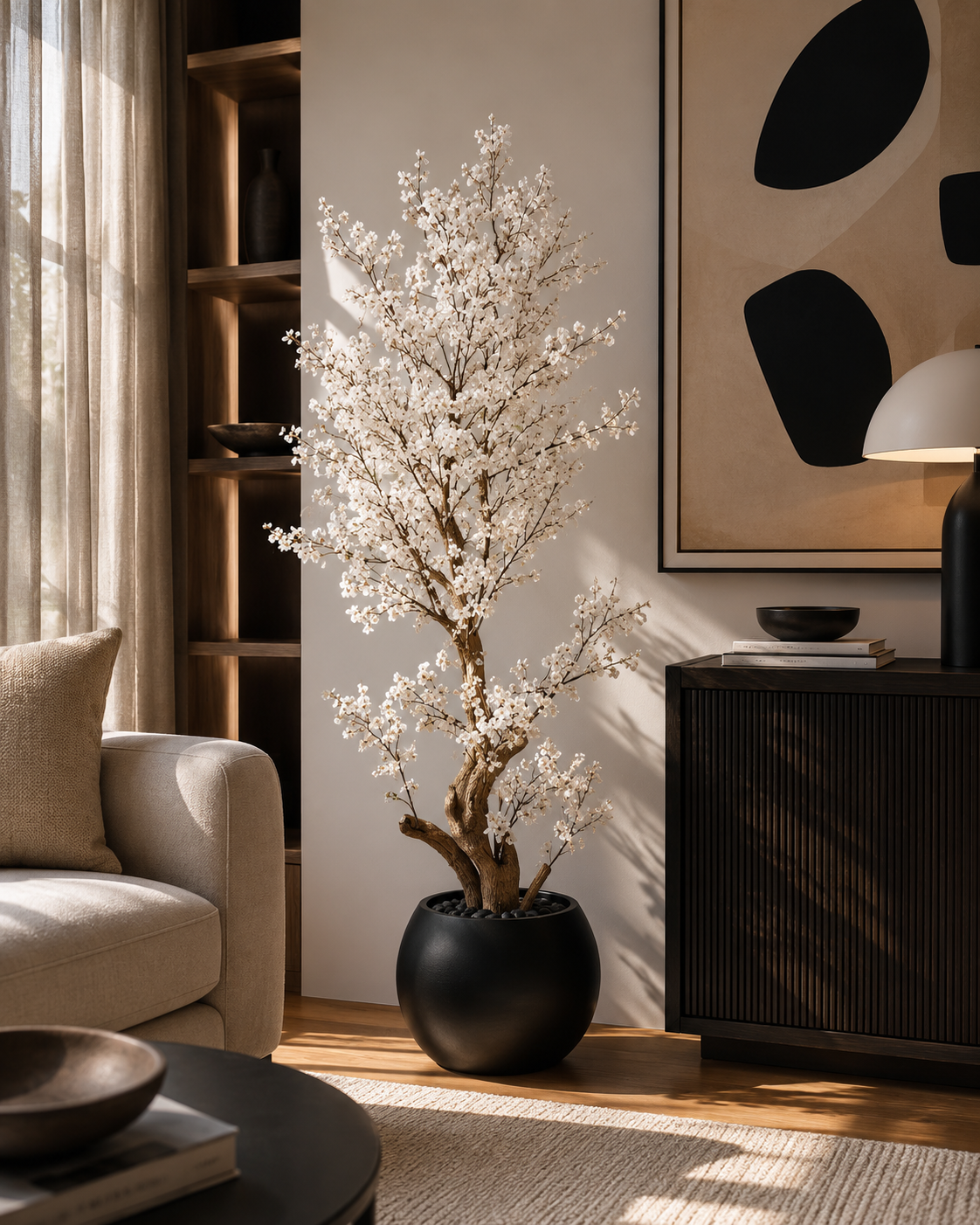 72 inch artificial white cherry blossom tree in black pot displayed in a modern luxury living room