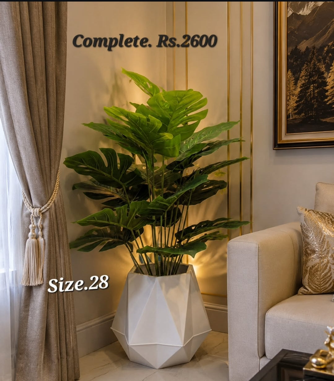Artificial Monstera Plant with White Geometric Pot – Size 28 Inch