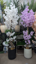 Artificial Blossom Plant White and Lavender in Gold Rim Pots