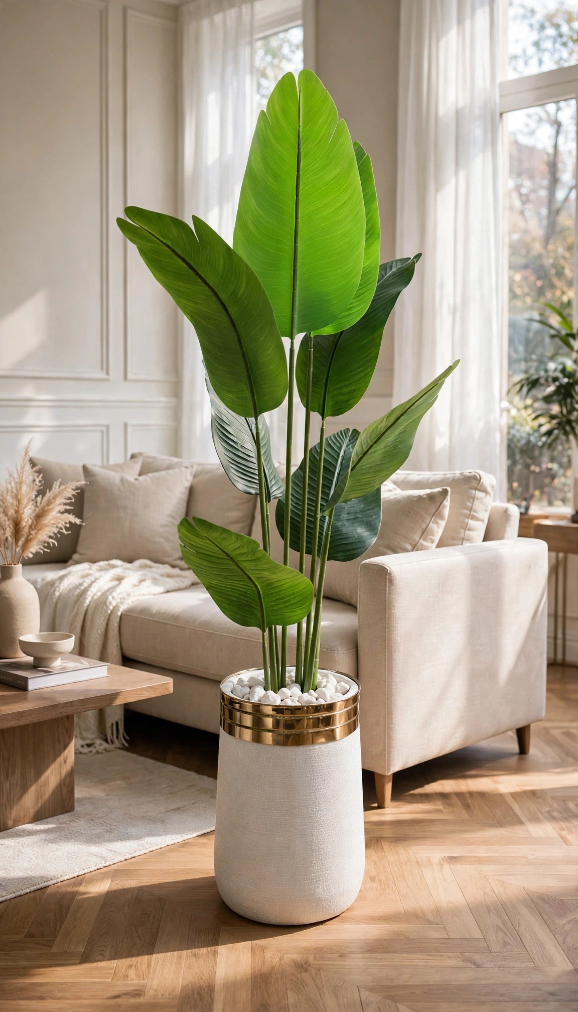 50-inch artificial Bird of Paradise plant in white and gold luxury pot in a bright modern living room