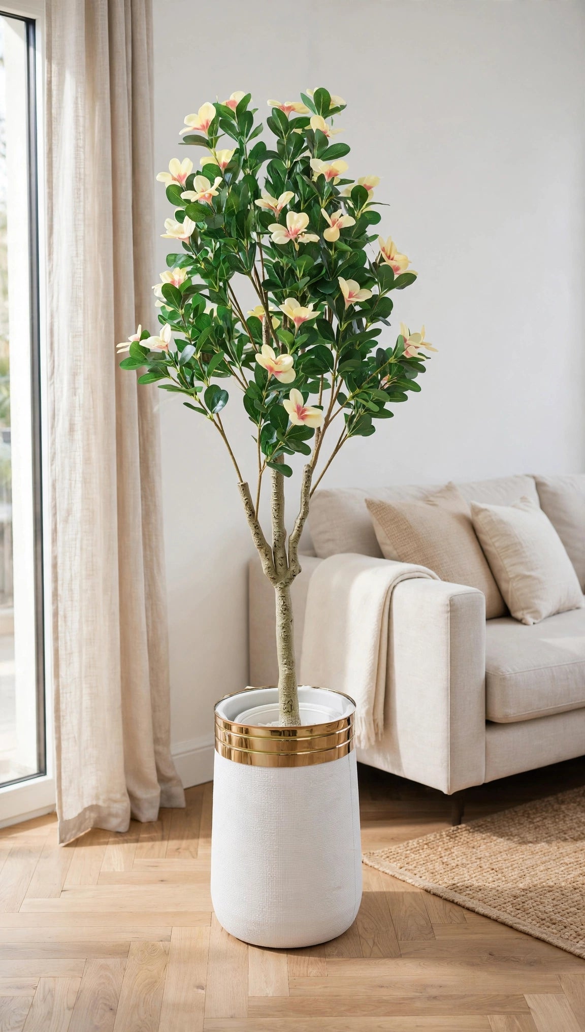 55-inch artificial magnolia flower tree in white and gold luxury pot in a bright modern living room