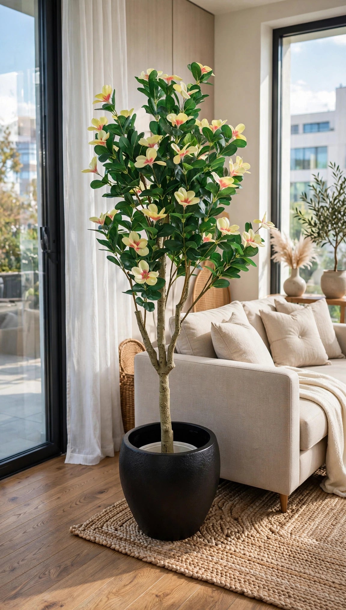 Artificial magnolia flower tree 55 inch in black pot in a luxury living room at night
