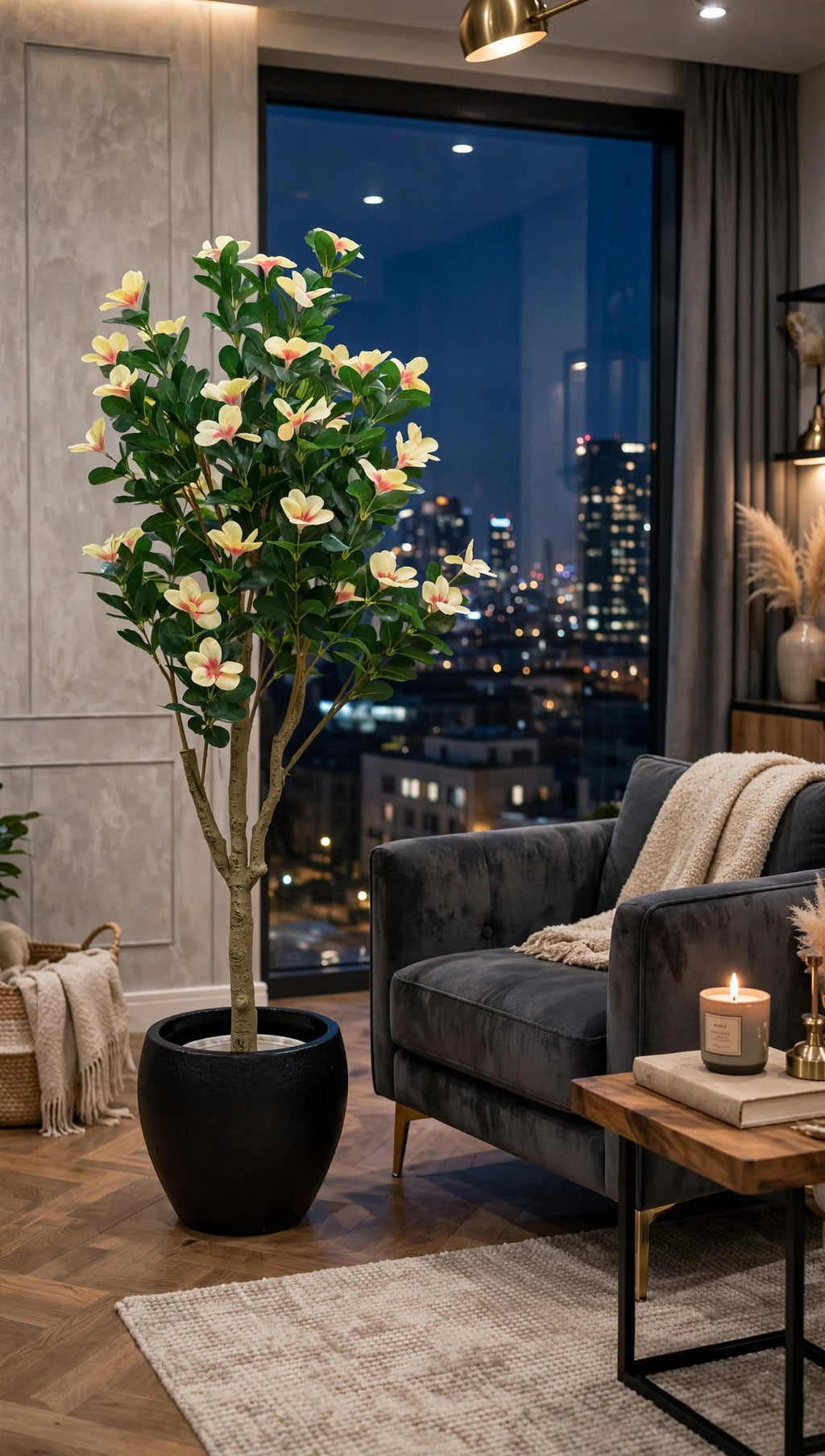 Artificial magnolia flower tree 55 inch with cream blooms in a bright modern living room