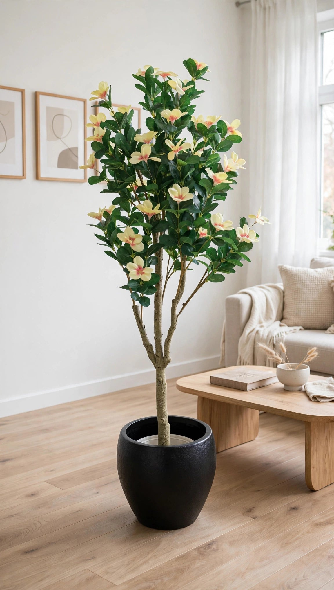 55 inch artificial magnolia flower tree with black pot beside sofa in contemporary interior