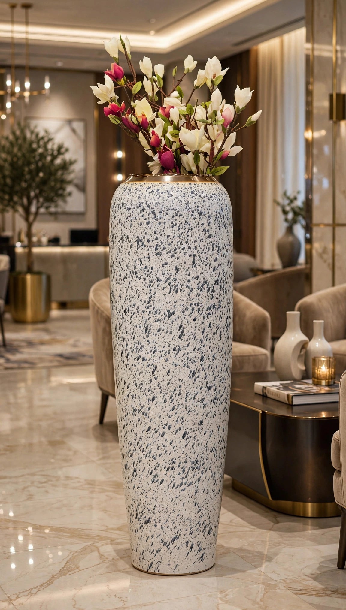55-inch large terrazzo floor vase with gold rim displayed in a luxury living room with magnolia branches