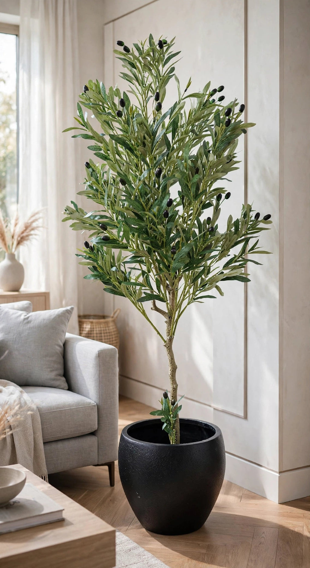 65 inch artificial olive tree with black pot placed at luxury home entrance flanking wooden door