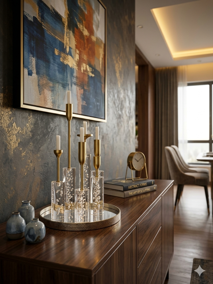 5-arm crystal bubble candelabra set with brass stems displayed on a decorative tray on a wooden console