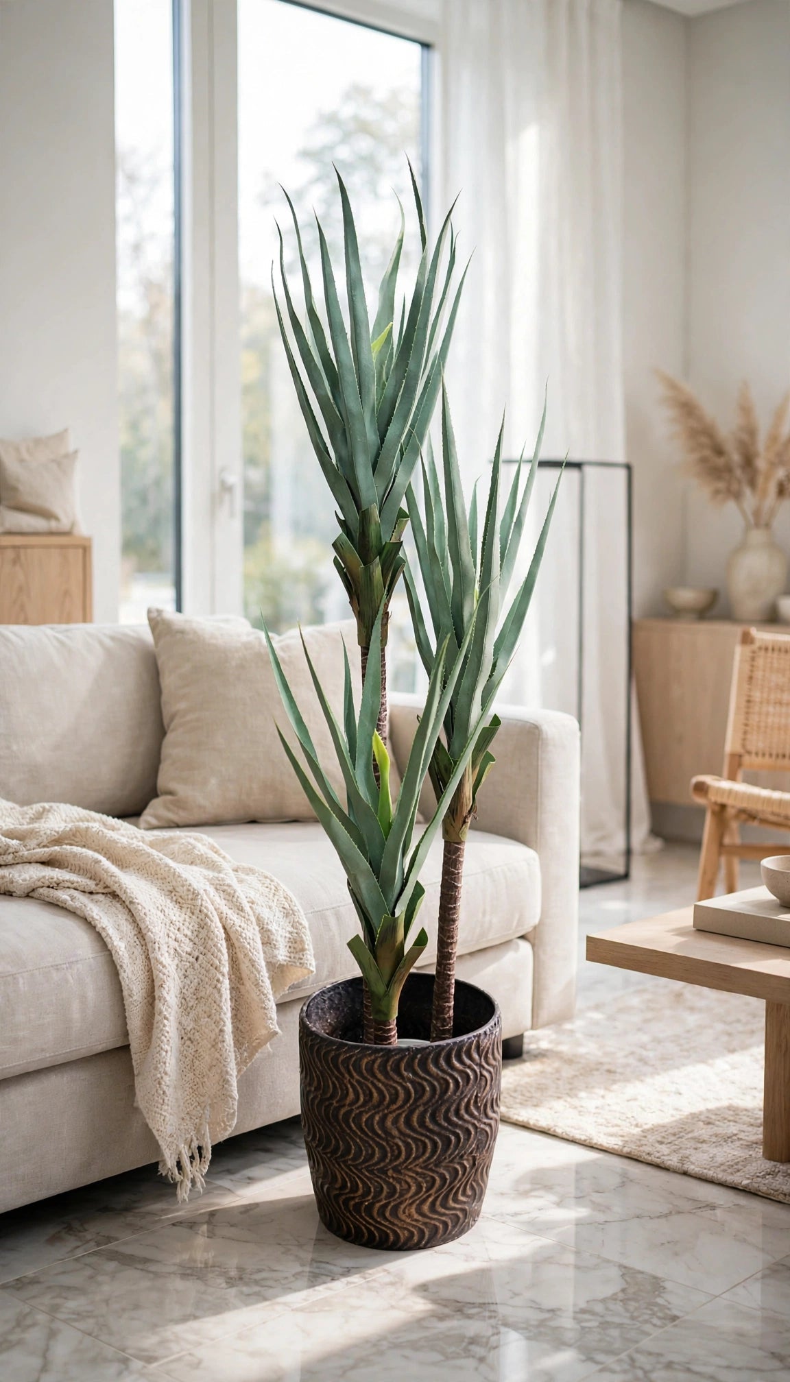 72 Inch Artificial Yucca Plant in a modern luxury living room