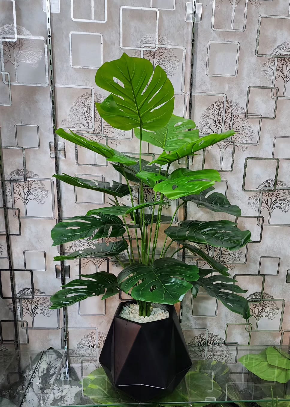 Artificial Monstera plant in black geometric pot – 30 inch