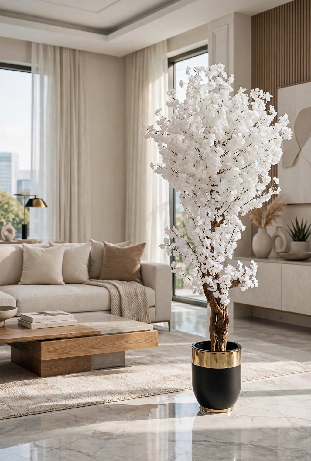 Artificial White Cherry Blossom Tree in black gold pot – HM Decor