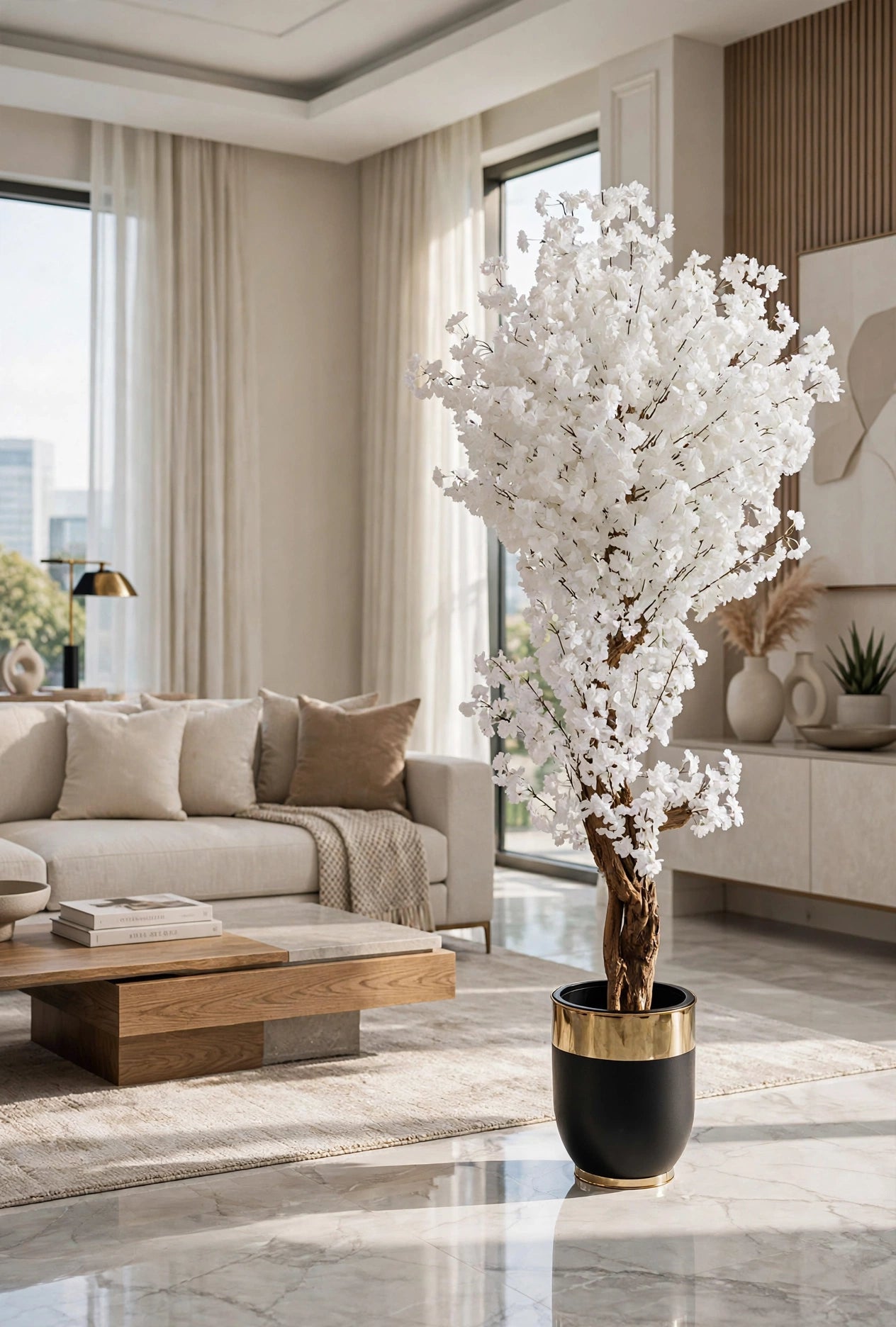 Artificial White Cherry Blossom Tree in black gold pot – HM Decor