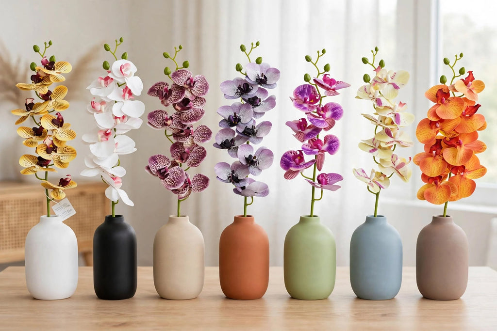 7 artificial orchid stems in different colors displayed in matching ceramic vases on wooden table