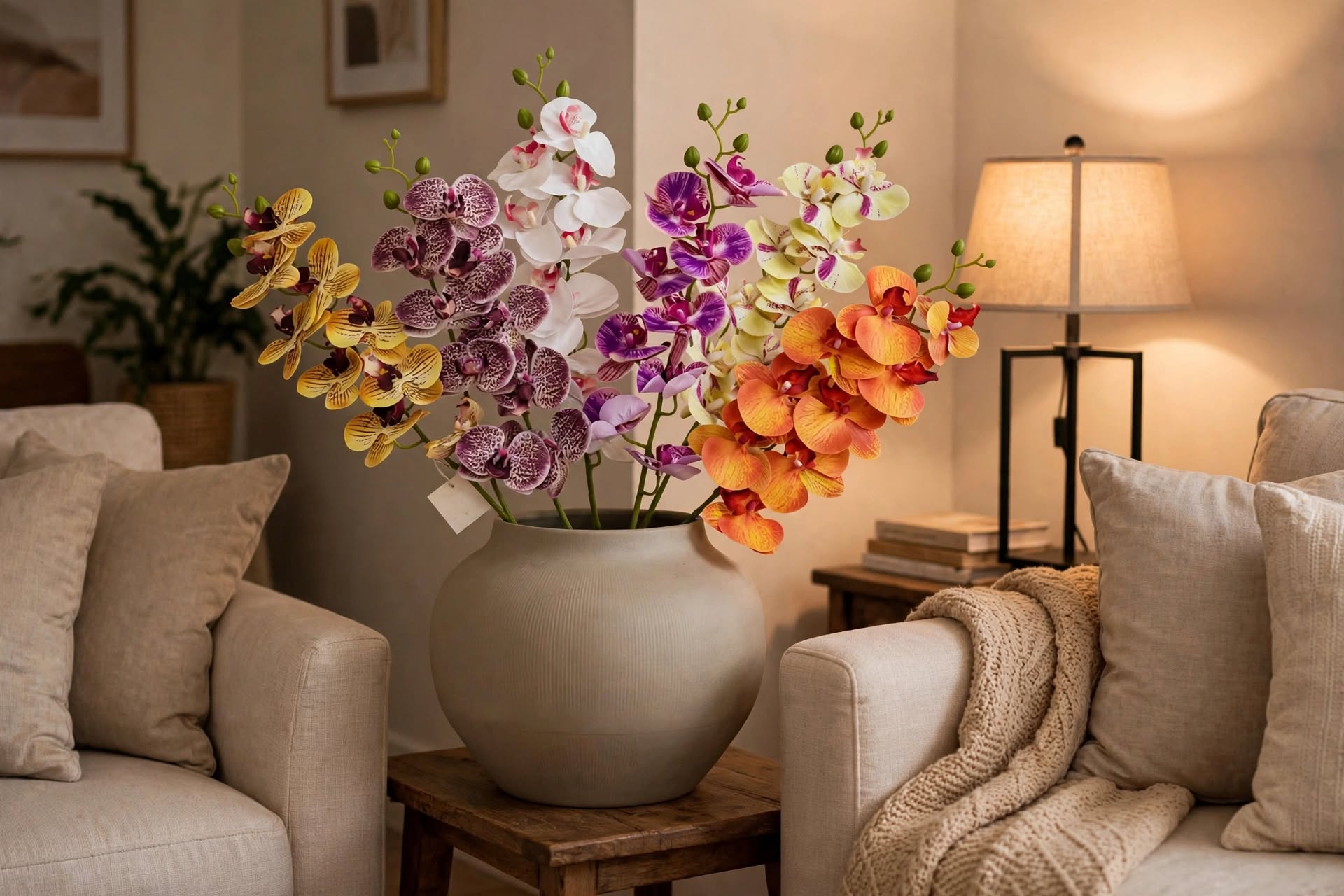 Mixed artificial orchid stems arranged in a large round ceramic vase in a cozy living room setting