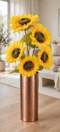 Artificial sunflower stems 33 inch in hammered copper vase - front view