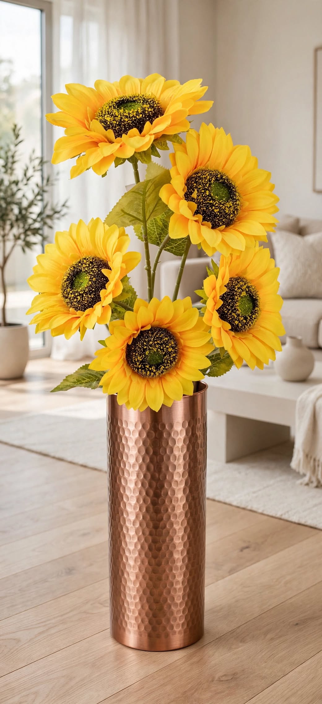 Artificial sunflower stems 33 inch in hammered copper vase - front view