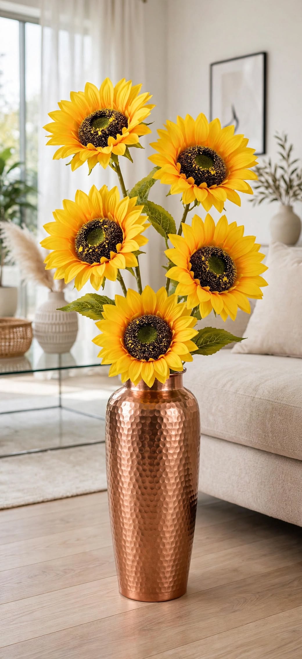 Artificial sunflower stems 33 inch in hammered copper vase - side view
