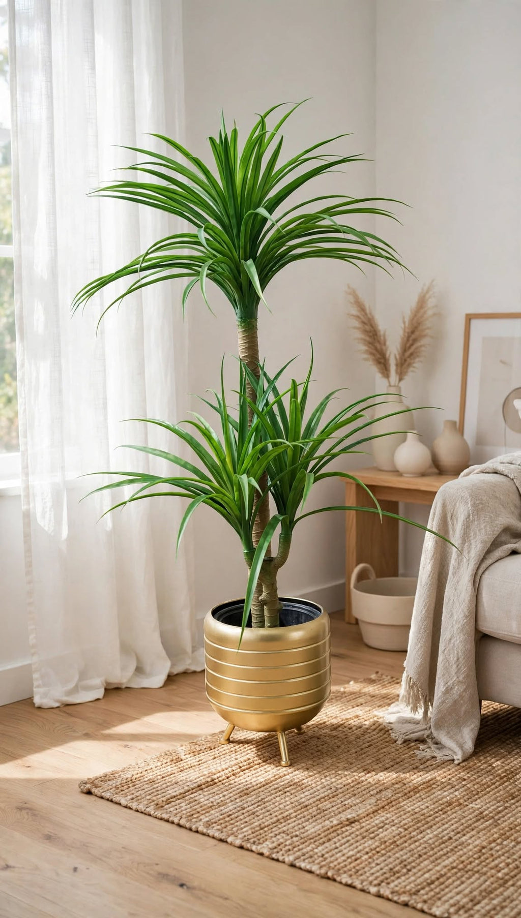 48 inch Artificial Dracaena Plant in gold ribbed pot styled in modern living room – HM Decor