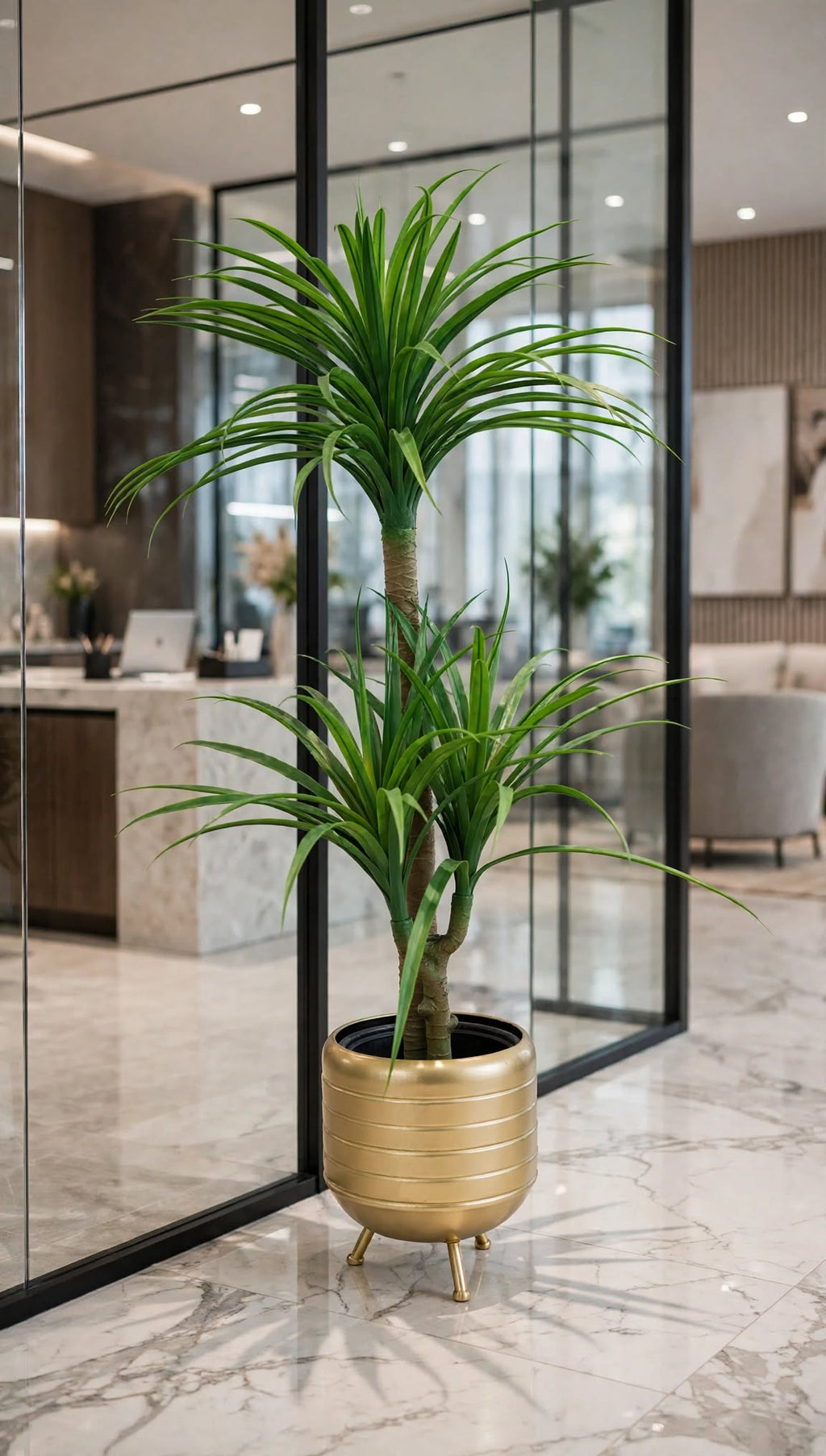 48 inch Artificial Dracaena Plant in gold pot displayed in luxury office lobby – HM Decor
