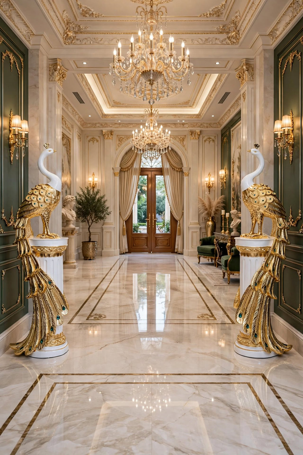 Gold and white peacock figurine pair with emerald accents on white pedestal bases – HM Decor