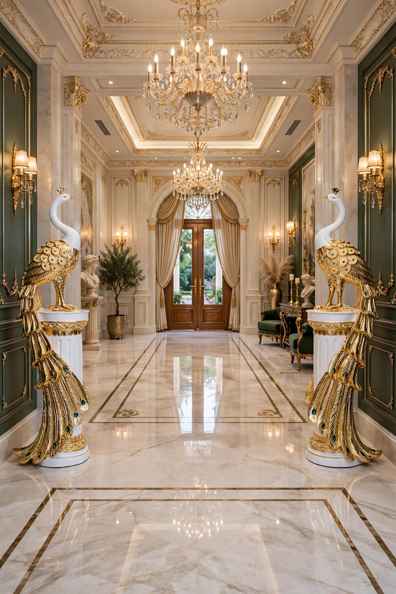 Gold and white peacock figurine pair with emerald accents on white pedestal bases – HM Decor