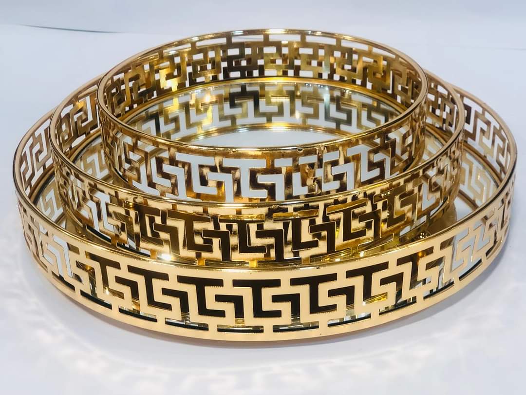 3-piece gold Greek key mirror round tray set in sizes 8, 10 and 12 inch – HM Decor