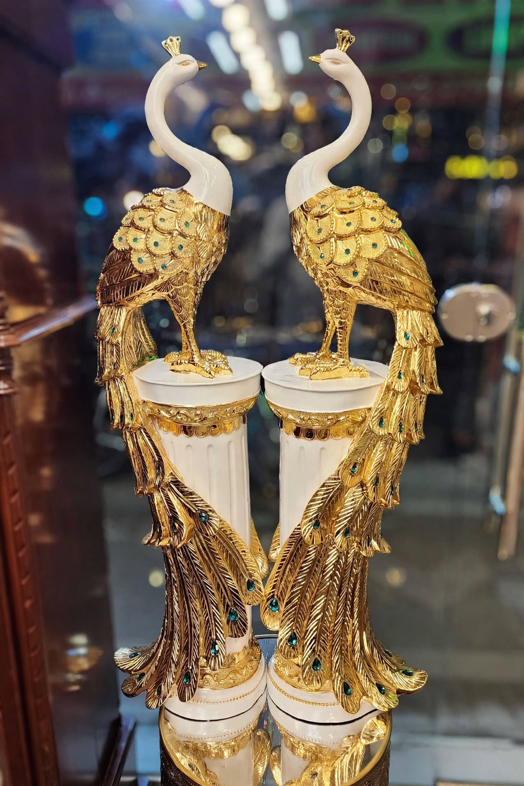 48 inch luxury gold peacock statues displayed in grand marble foyer – HM Decor