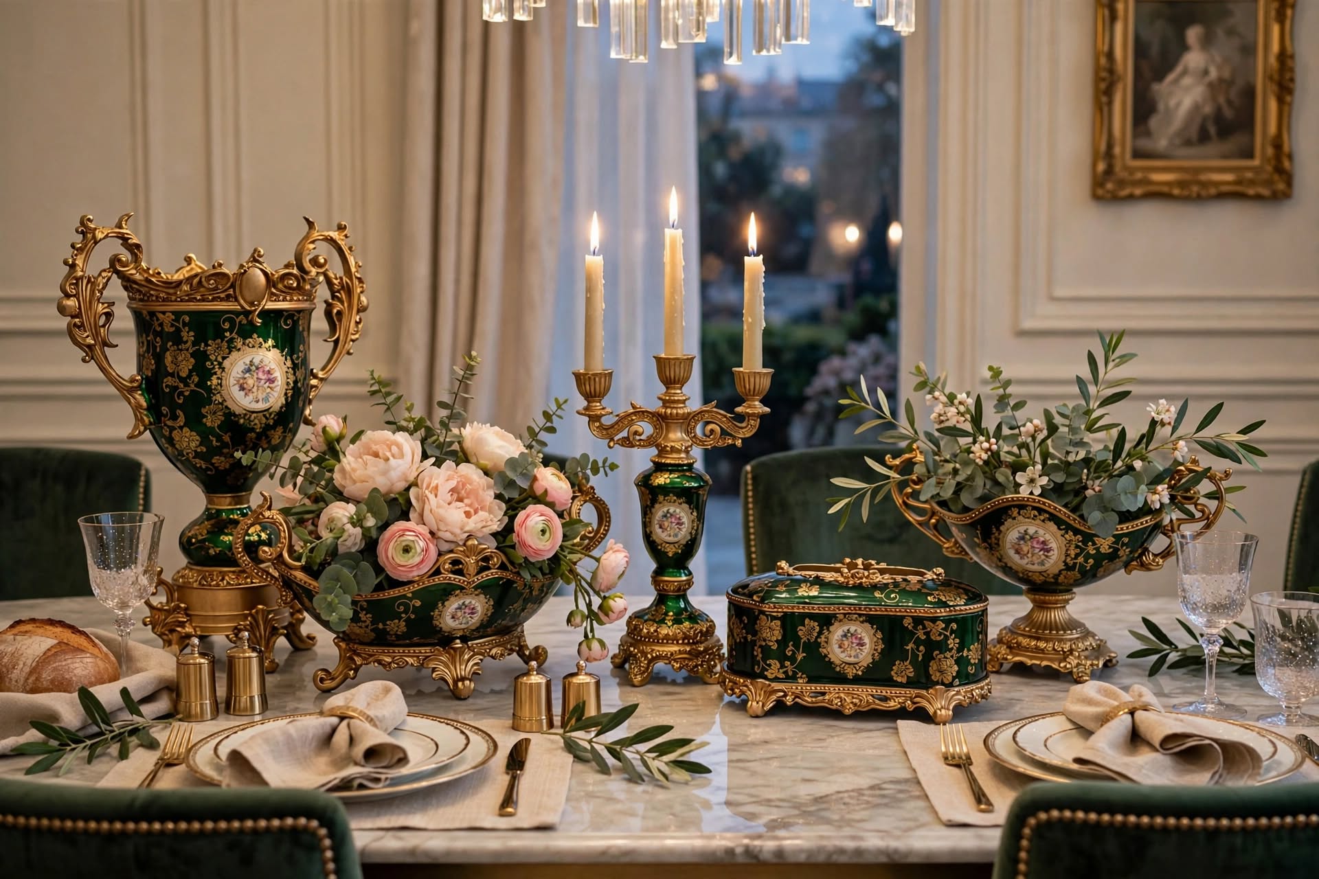 Royal Emerald and Gold 5 Piece Luxury Decorative Table Set with candelabra, ornate vases and keepsake box