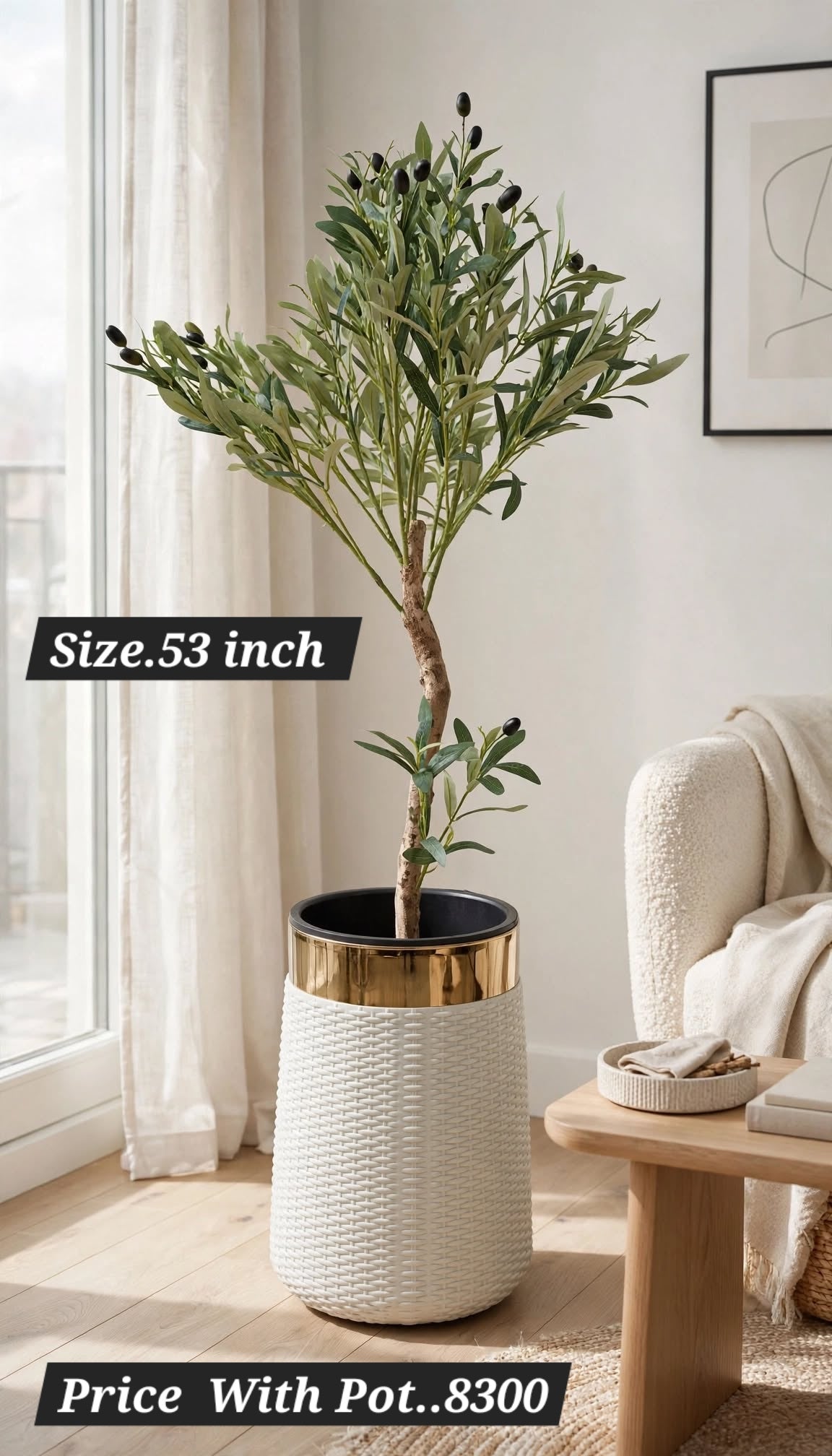 53 inch artificial olive tree with white and gold woven pot in a modern living room