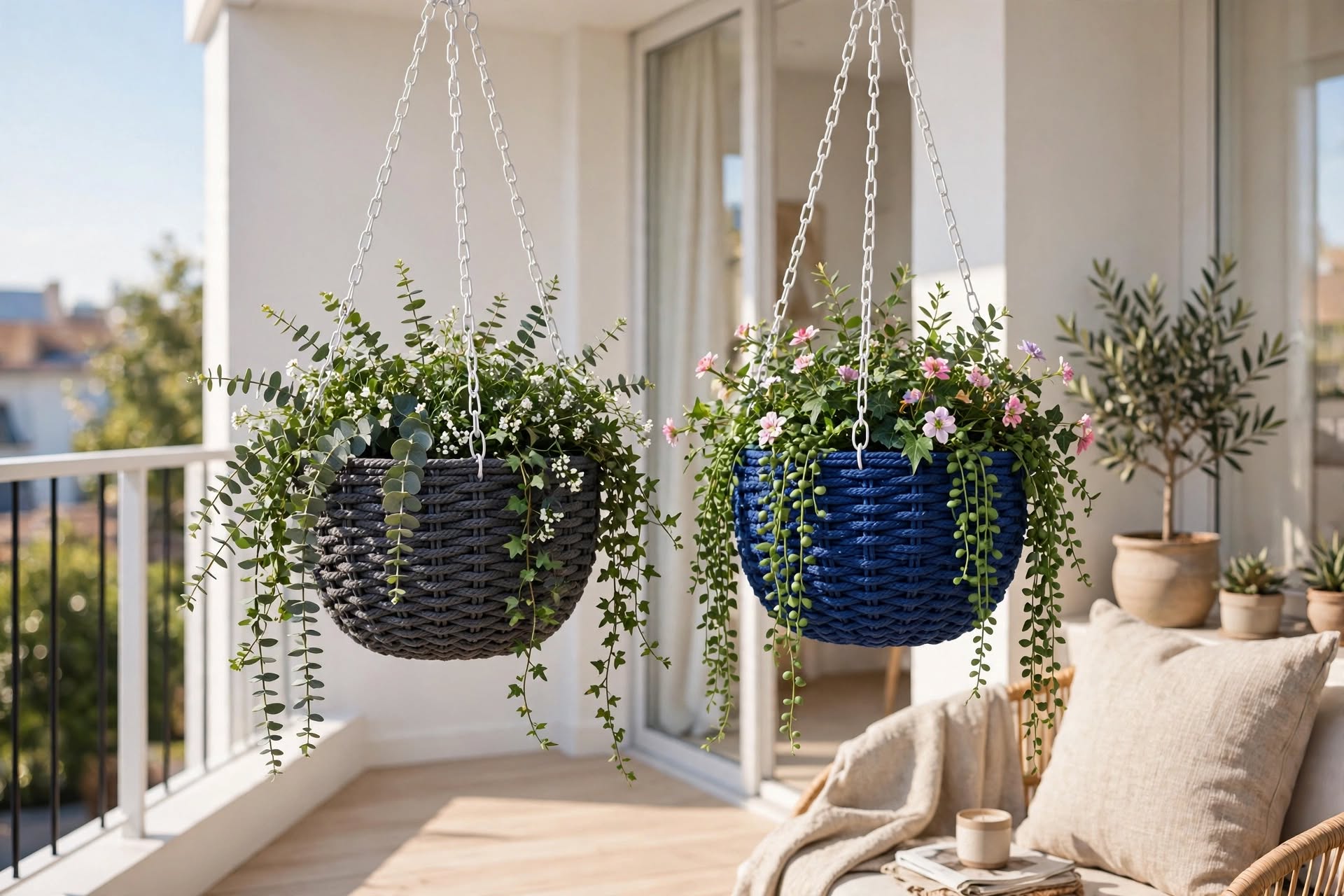 Rattan style hanging basket pots on a balcony with trailing plants