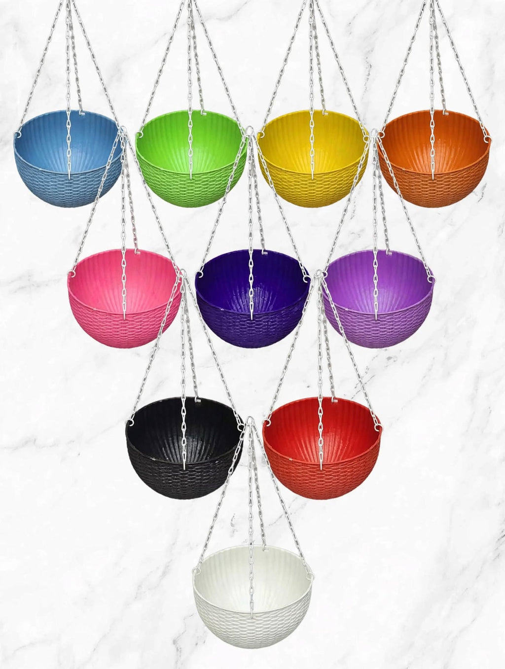 Rattan style plastic hanging basket pots in 10 colors with metal chains