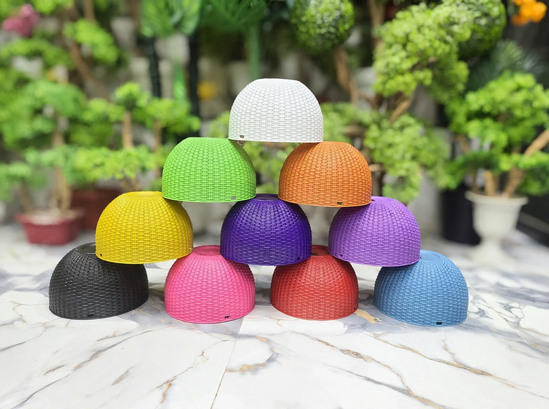 Rattan weave plastic hanging basket pots stacked showing all 10 colors