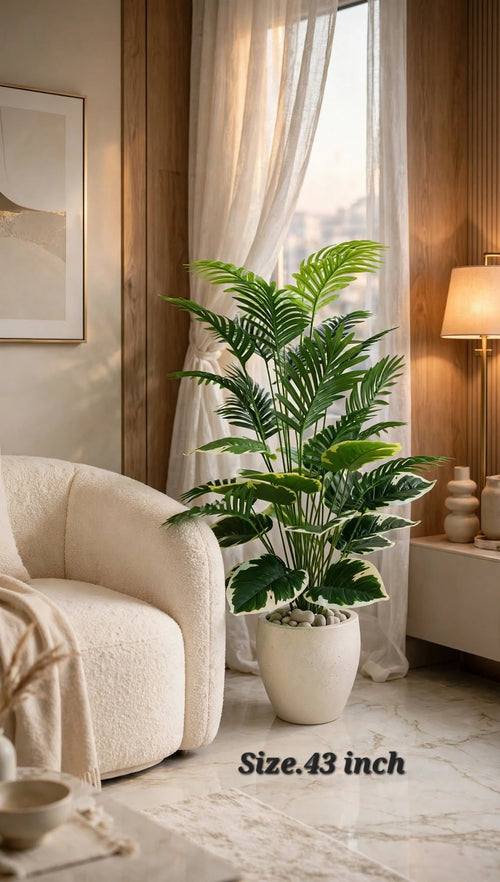 43 inch artificial palm plant in white ceramic pot with pebble dressing in a premium living room setting