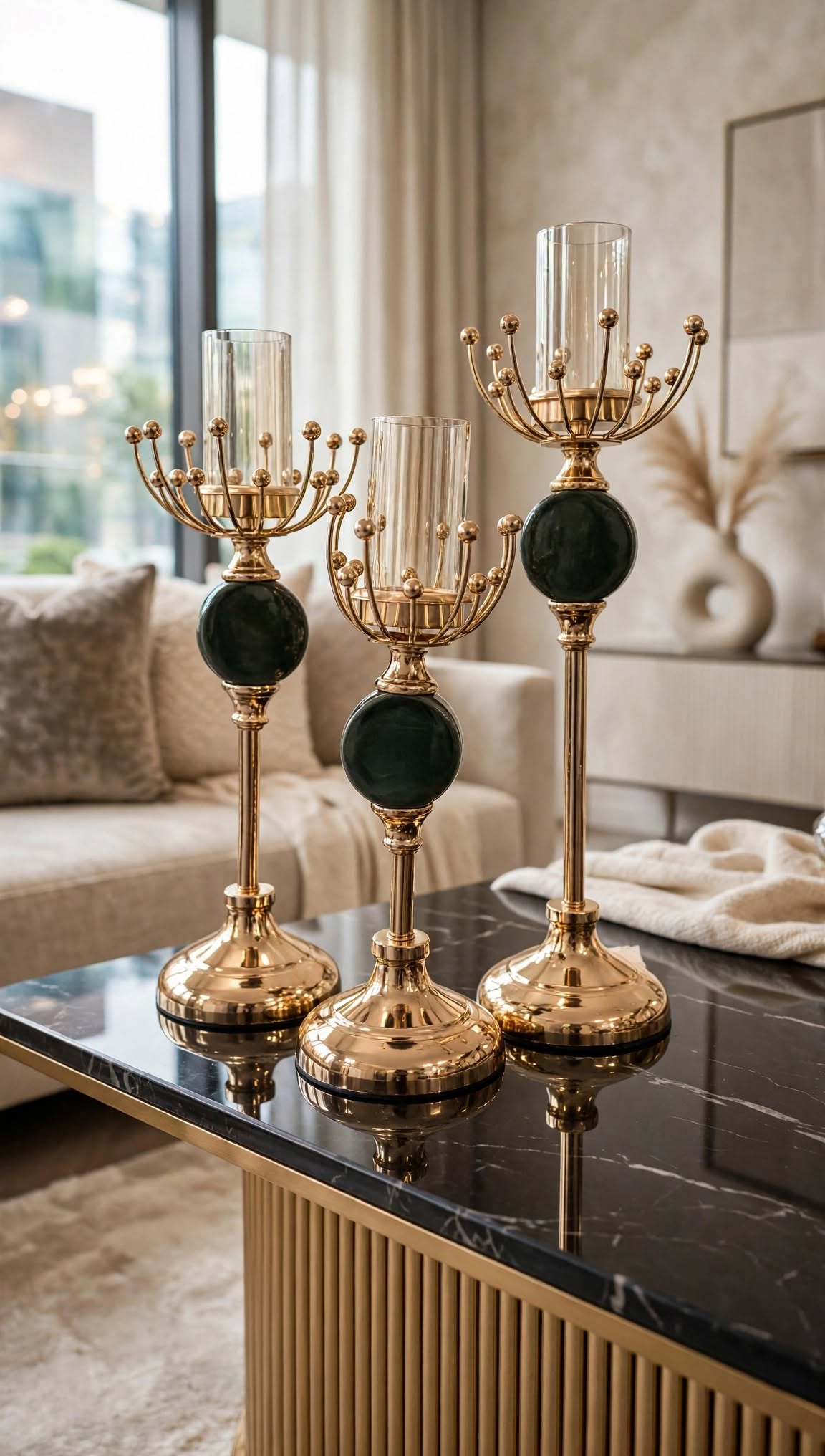 Luxury Candle Stand Set of 3 in gold and emerald green on marble table