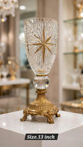 Brass Crystal Vase 13 Inch with gold star cut crystal body and ornate lion-paw brass base