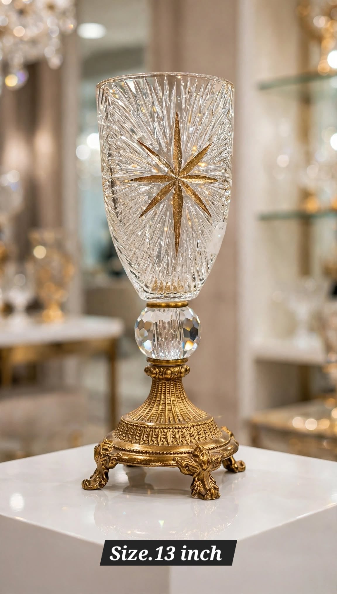 Brass Crystal Vase 13 Inch with gold star cut crystal body and ornate lion-paw brass base