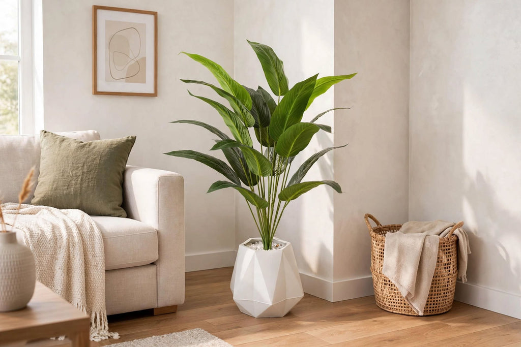 36-inch artificial tropical plant in black geometric faceted pot in a modern living room