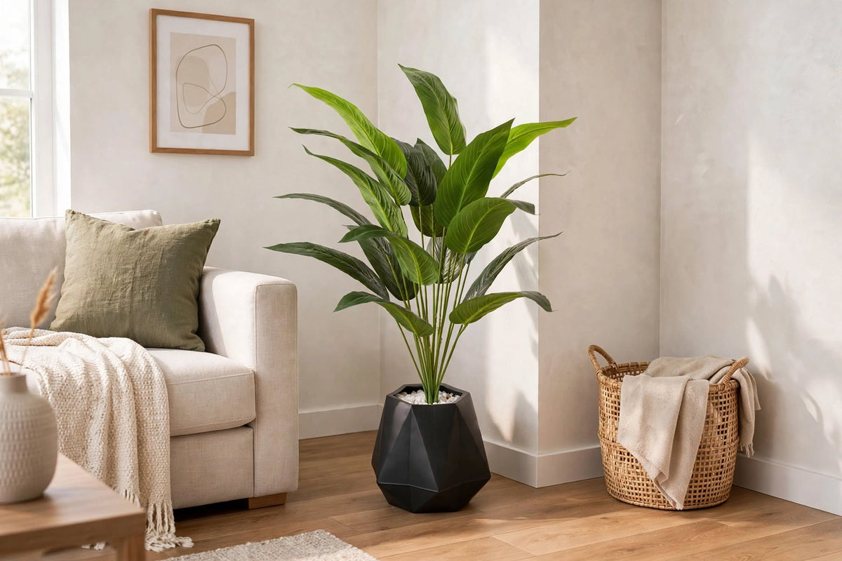 36-inch artificial tropical plant in white geometric faceted pot styled in a bright living room