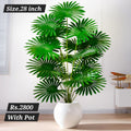 Artificial Fan Palm Plant in geometric grey pot on white background