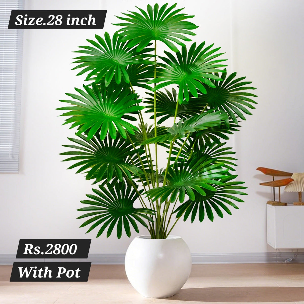 Artificial Fan Palm Plant in geometric grey pot on white background