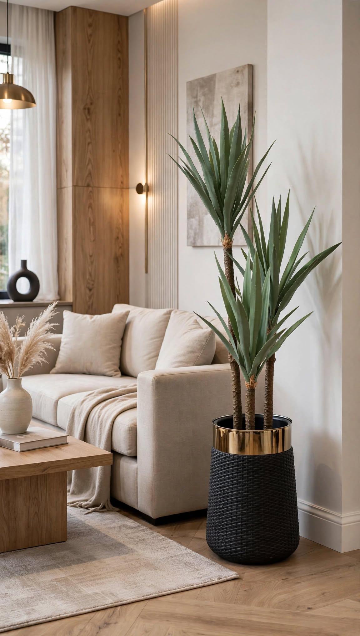Artificial Yucca Plant 55 inch with black rattan gold rim planter – HM Decor
